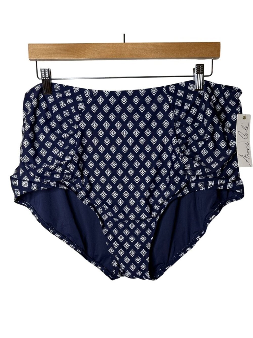 Anne Cole 22W Navy White Geometric Ruched High Waist Swim Bottom